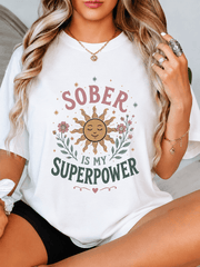 Sober Is My Superpower Graphic T-Shirt Women Vintage Floral Sun Sobriety Recovery Inspirational Short Sleeve Casual Tee