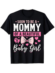 Soon To Be A Mommy Of A Beautiful Baby Girl Cute Bow Pink Hearts Graphic T-Shirt,Cotton Crew Neck Tee, Pregnancy Announcement Maternity Top, Casual Gender Reveal Gift For Expecting Mothers