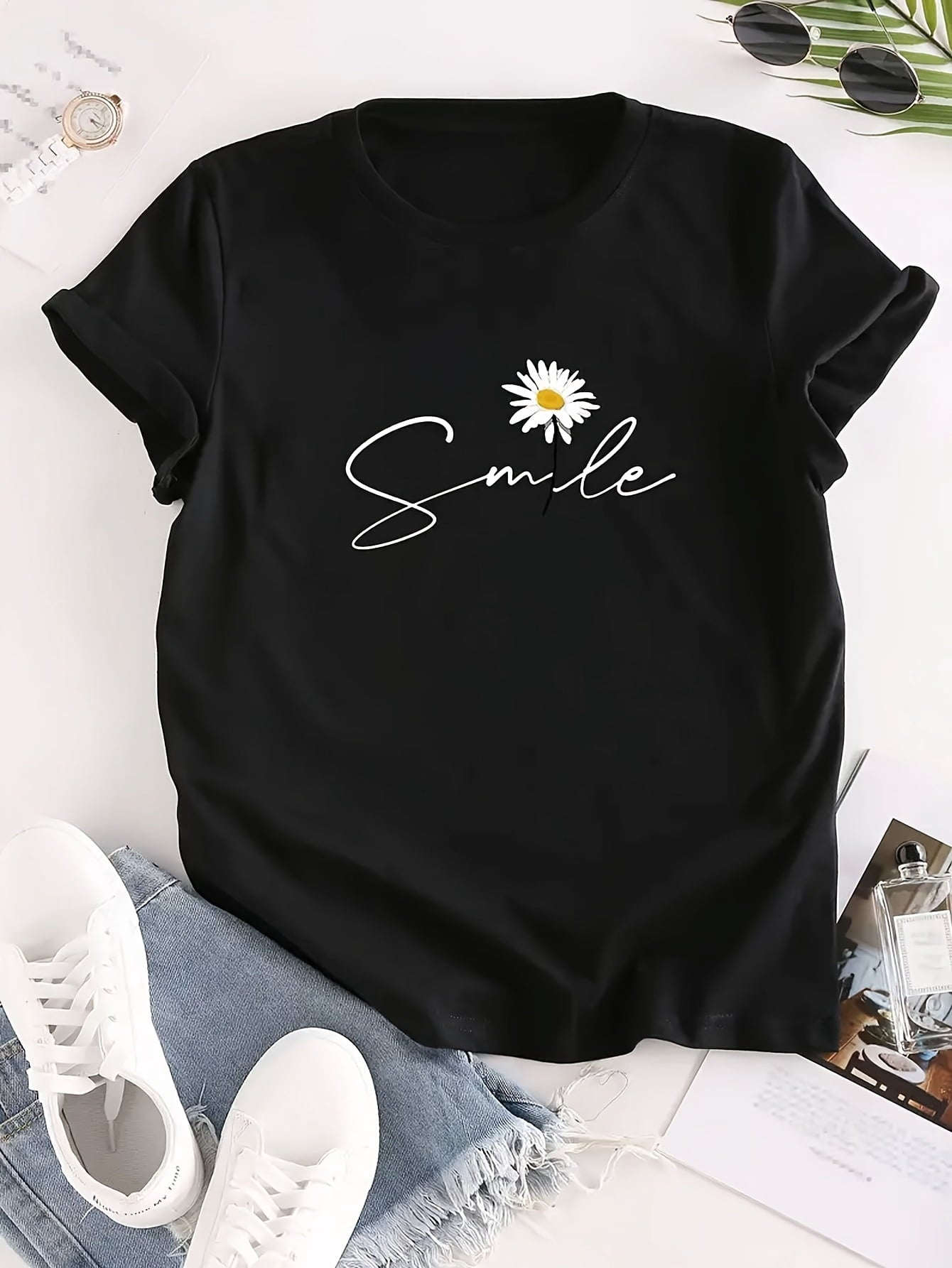 Spring And Summer Women'S Casual Short-Sleeve T-Shirt with Floral And Letter Print Round Neck Design.