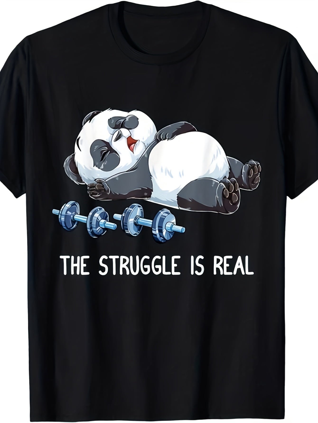 The Struggle Is Real Lazy Panda Weightlifting Graphic Short Sleeve T-Shirt, Unisex Crew Neck Cotton Tee, All Season Funny Fitness Gym Humor Top, Novelty Casual Wear For Workout Enthusiasts