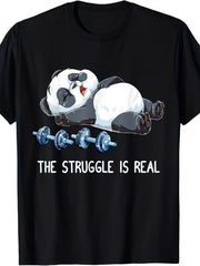 The Struggle Is Real Lazy Panda Weightlifting Graphic Short Sleeve T-Shirt, Unisex Crew Neck Cotton Tee, All Season Funny Fitness Gym Humor Top, Novelty Casual Wear For Workout Enthusiasts