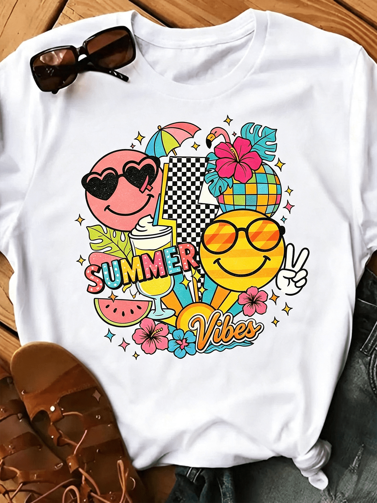 Summer Vibes Retro Smiley Face Tropical Graphic T-Shirt, Colorful Beach Vacation Casual Short Sleeve Summer Tee