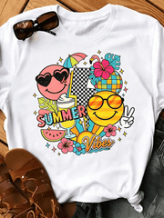 Summer Vibes Retro Smiley Face Tropical Graphic T-Shirt, Colorful Beach Vacation Casual Short Sleeve Summer Tee