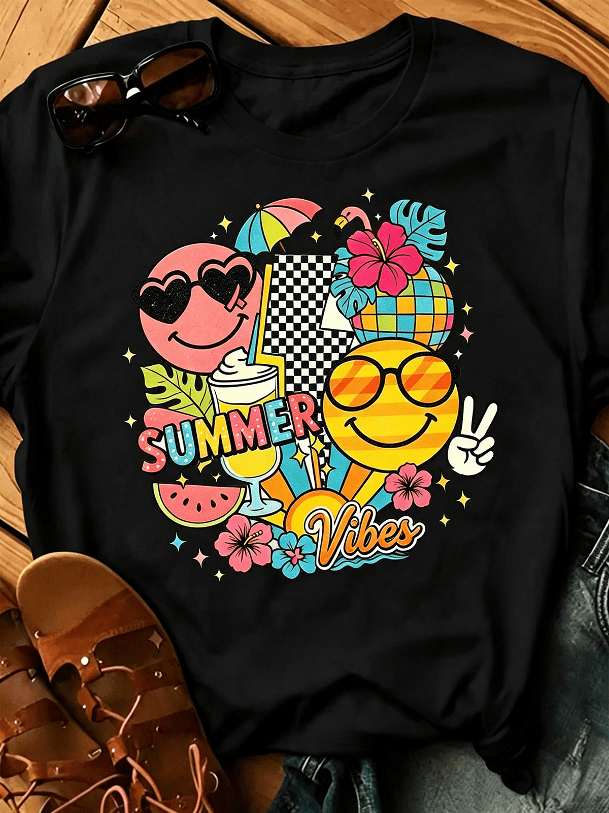 Summer Vibes Retro Smiley Face Tropical Graphic T-Shirt, Colorful Beach Vacation Casual Short Sleeve Summer Tee