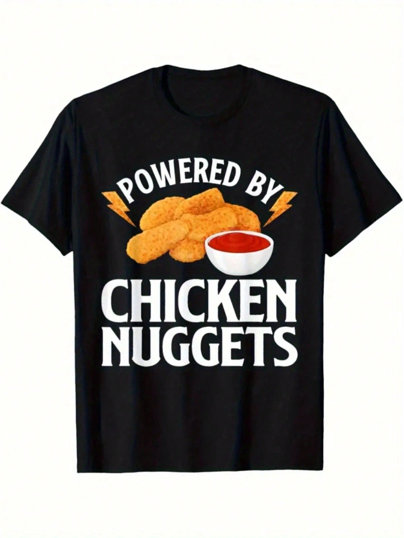 TShirt With The Words POWERED BY CHICKEN NUGGET, Round Neck TShirt, Fashionable Short Sleeved TShirt Round Neck Short Sleeved Top