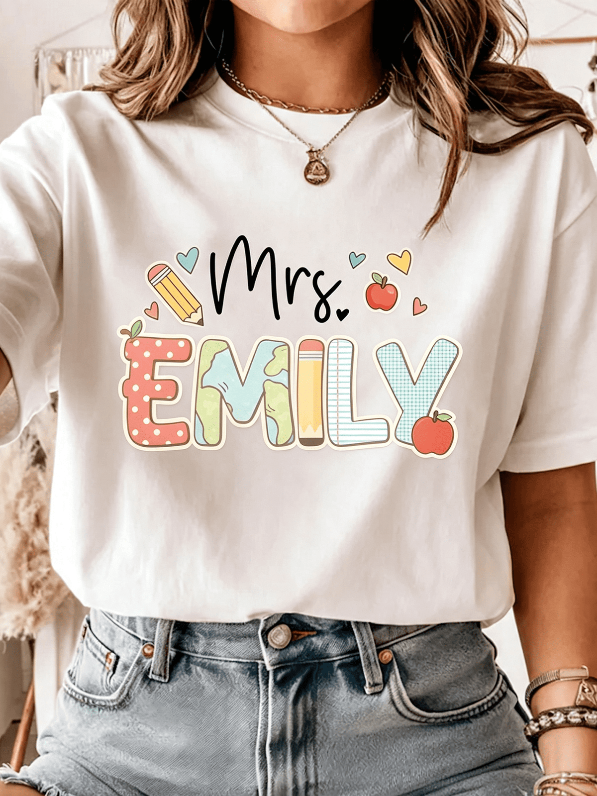 Teacher Appreciation Graphic T‑Shirt for Women, Casual Crewneck Short Sleeve Tee, Cute Pencil Apple School Art Print Everyday Tops