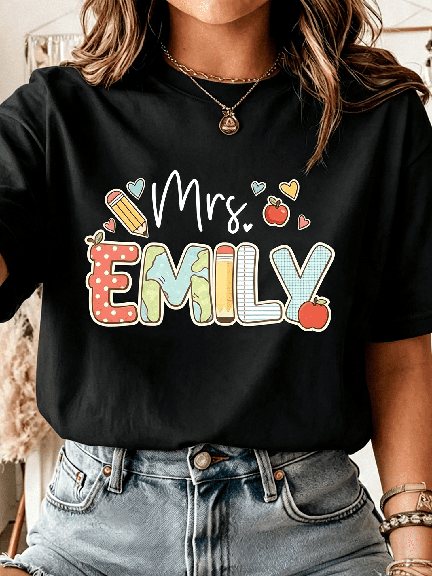 Teacher Appreciation Graphic T‑Shirt for Women, Casual Crewneck Short Sleeve Tee, Cute Pencil Apple School Art Print Everyday Tops