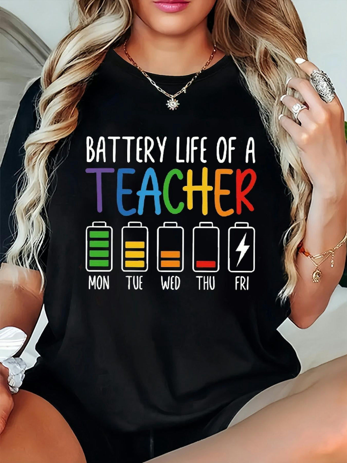 Teacher Battery Life Weekdays Energy Plus Size Tops for Women - Summer Casual Tshirts - Graphic Loose Tees
