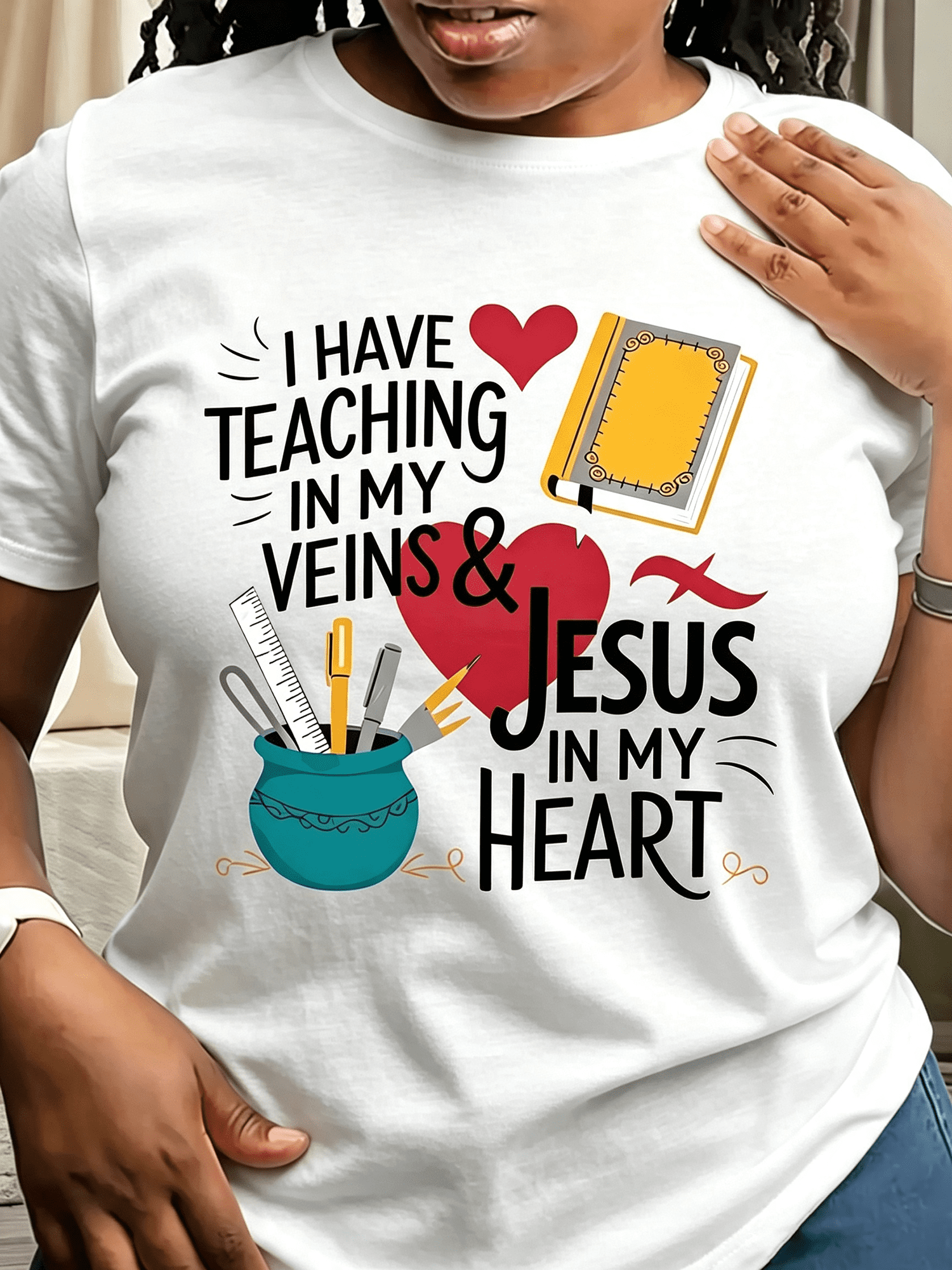 Teacher Faith Graphic T‑Shirt, Teaching In My Veins Jesus In My Heart Inspirational Crewneck Tee, Casual Short Sleeve Top for Women Educator Gift