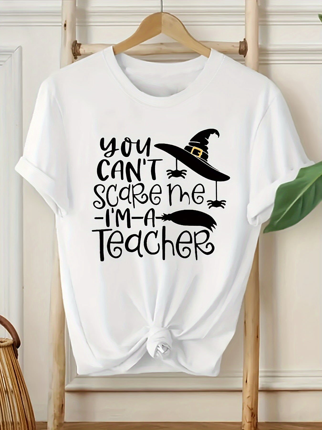 Teacher Halloween Graphic T-Shirt - 100%COTTON Casual Crew Neck, Medium Stretch, Knit Fabric, Seasonal Drawing Pattern, Comfort Fit Women's Top
