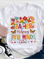 Teacher Helping Little Minds Grow Floral Butterfly Graphic Tee, Boho Wildflower Casual Educator Appreciation T-Shirt