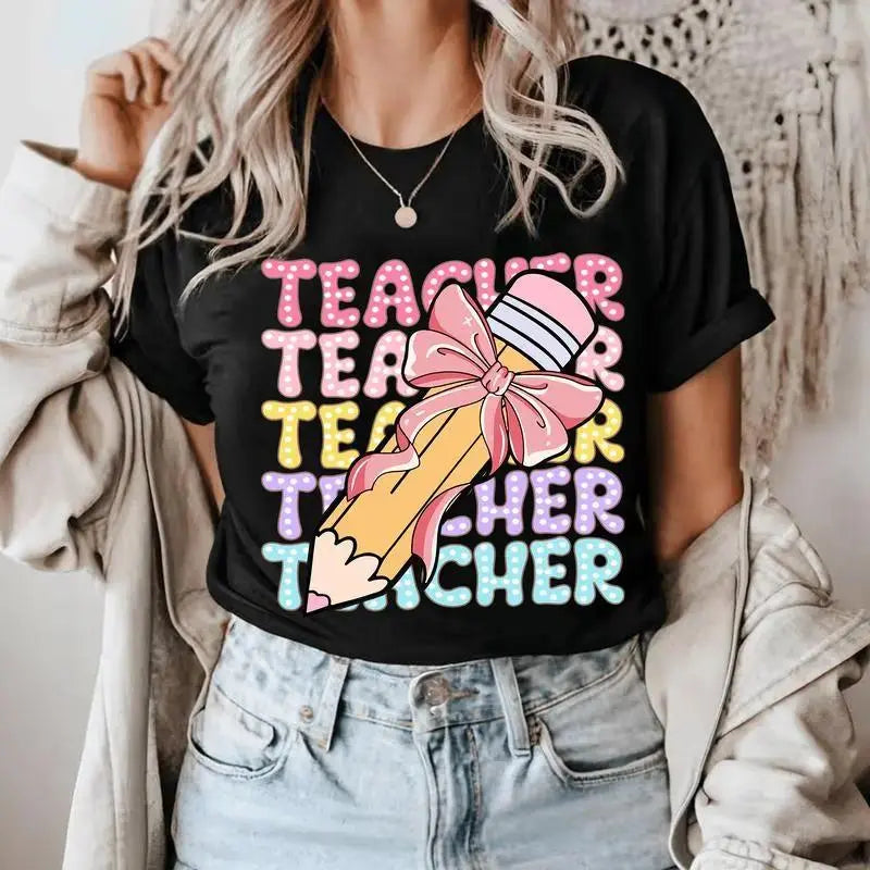 Teacher Shirt, Comfort Color Teacher Tshirt, Pencil Coquette Bow Shirt, Bright Doodle School, Pink Bow Streetwear