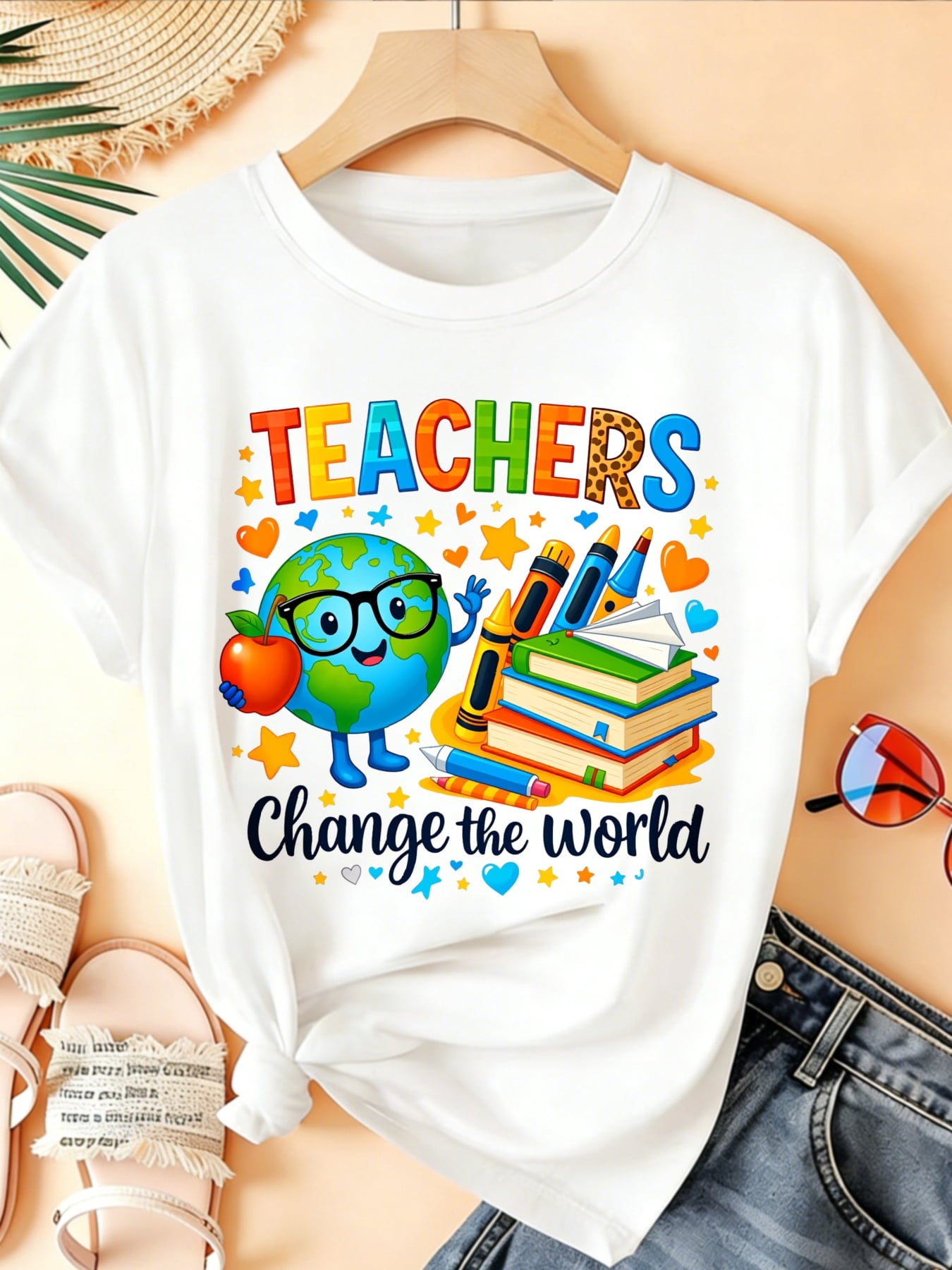 Teachers Change The World Graphic Tee, Cute Globe Crayon Book Print Casual Teacher Appreciation Short Sleeve T-Shirt