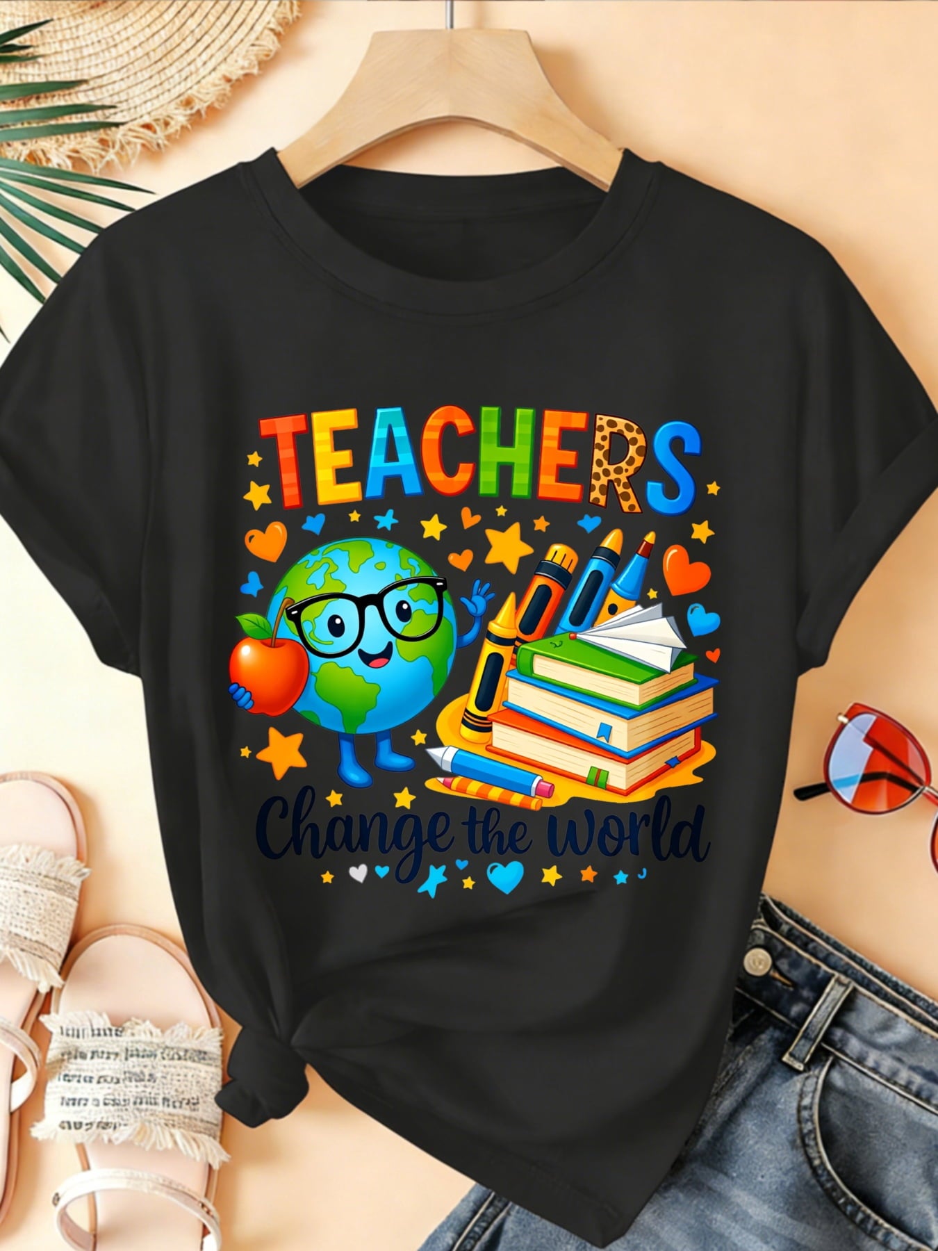 Teachers Change The World Graphic Tee, Cute Globe Crayon Book Print Casual Teacher Appreciation Short Sleeve T-Shirt