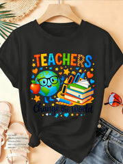 Teachers Change The World Graphic Tee, Cute Globe Crayon Book Print Casual Teacher Appreciation Short Sleeve T-Shirt