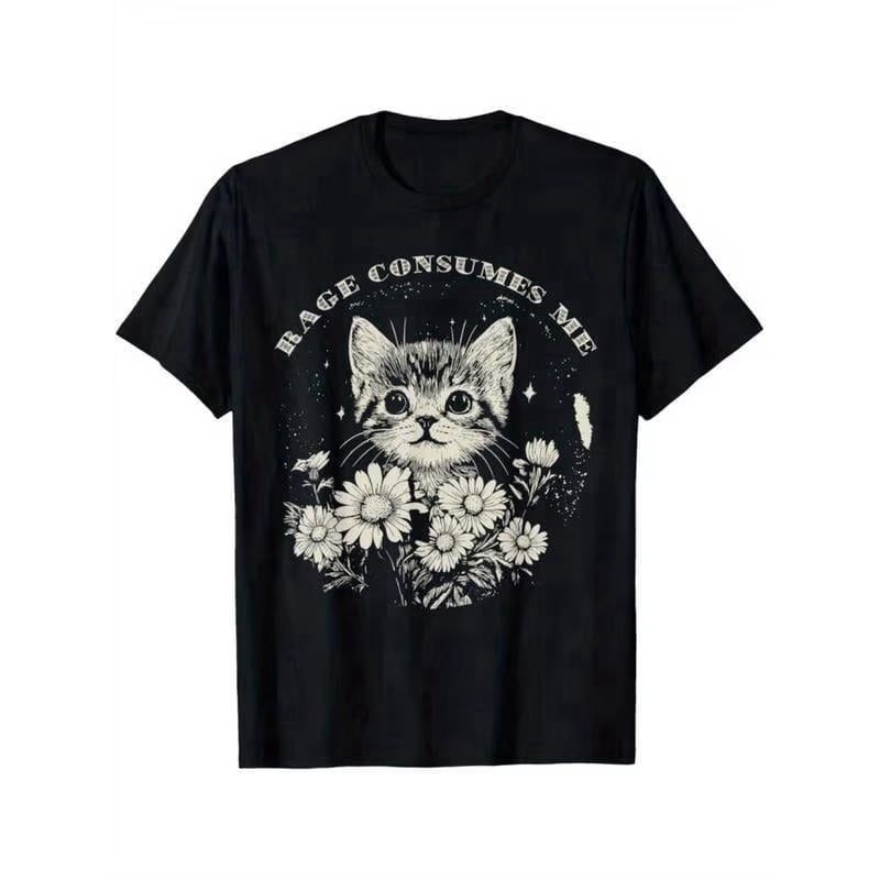 Tee [Funny Cat T-Shirt] Soft Cotton Funny Cat Graphic T-Shirt - 'Rage Consumes Me' Sarcastic Kitten & Flower Design
