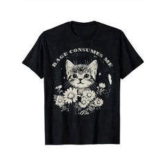 Tee [Funny Cat T-Shirt] Soft Cotton Funny Cat Graphic T-Shirt - 'Rage Consumes Me' Sarcastic Kitten & Flower Design