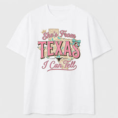 She's From Texas I Can Tell Cowgirl Graphic Tee for Women, Western State Pride Short Sleeve T-Shirt, Casual Country Crew Neck Top for Texas Girl Birthday Gift