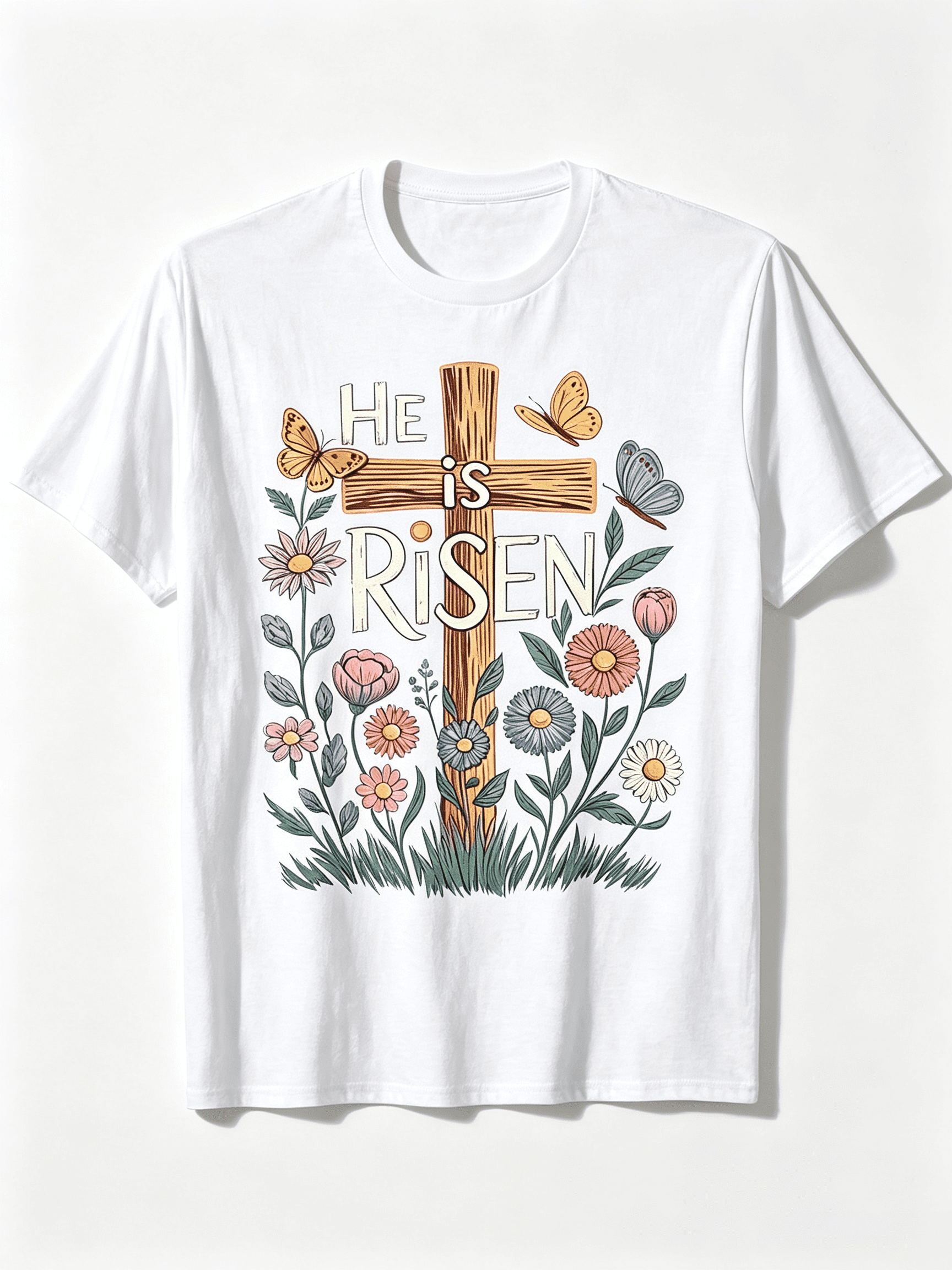 This Is A Unisex Floral T-Shirt For Easter Featuring The Phrase 'He Is Risen '