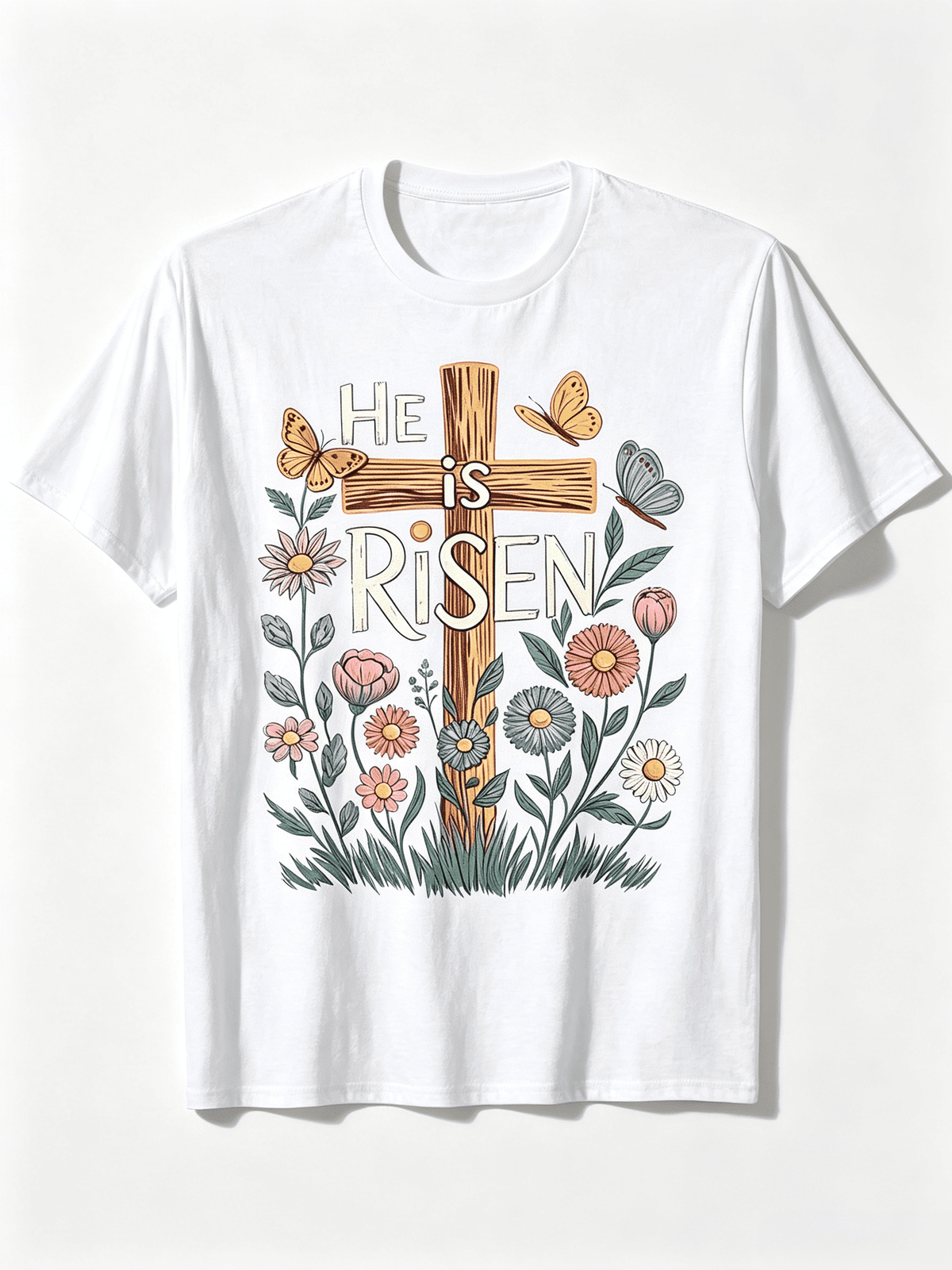 This Is A Unisex Floral T-Shirt For Easter Featuring The Phrase 'He Is Risen '