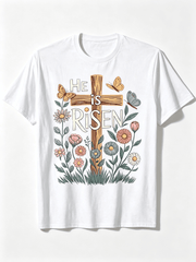 This Is A Unisex Floral T-Shirt For Easter Featuring The Phrase 'He Is Risen '