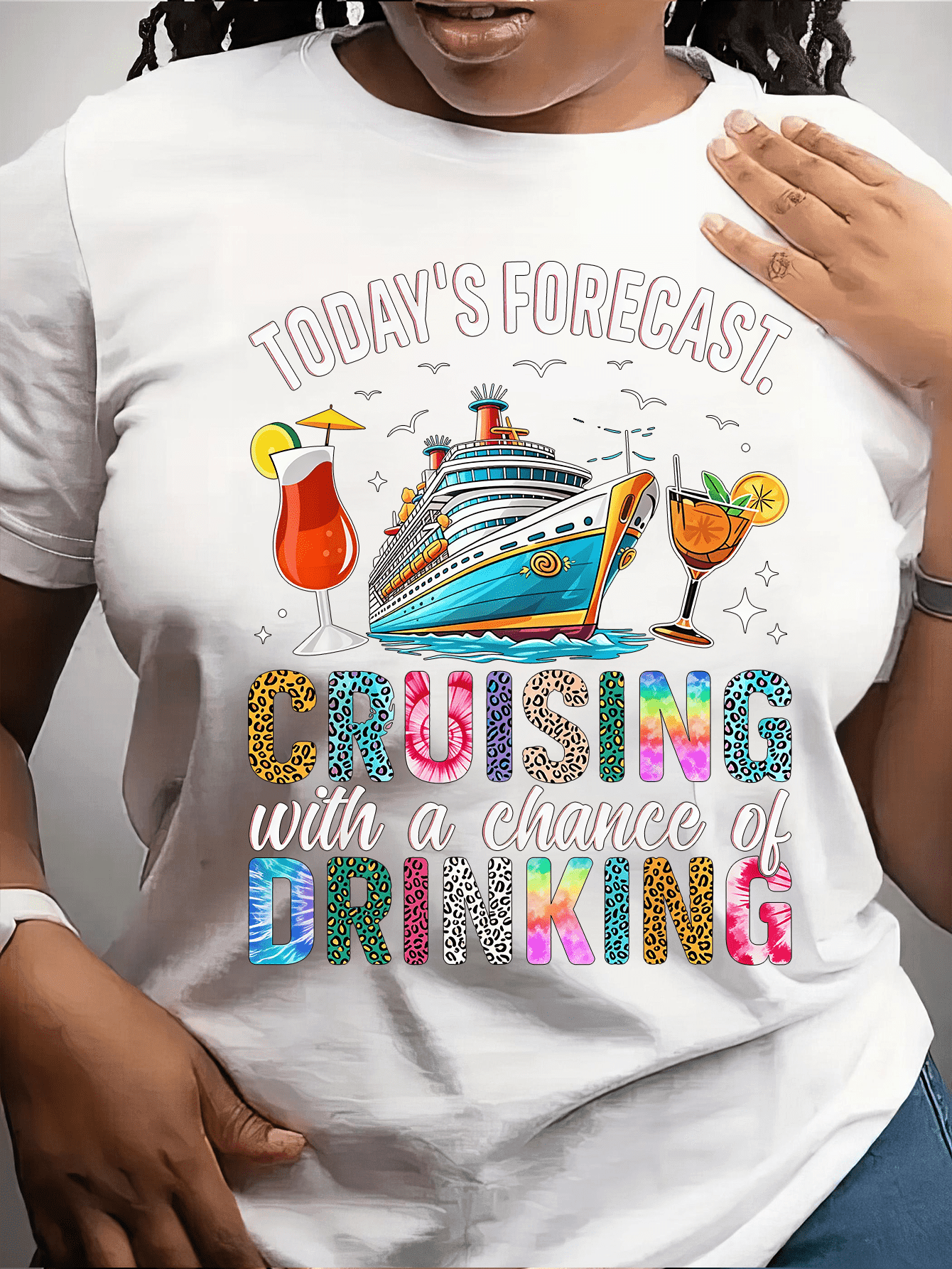 Today's Forecast Cruising With a Chance of Drinking T-Shirt, Women's Funny Cruise Vacation Graphic Tee, Cruise Ship Travel Shirt, Short Sleeve Crew Neck Top