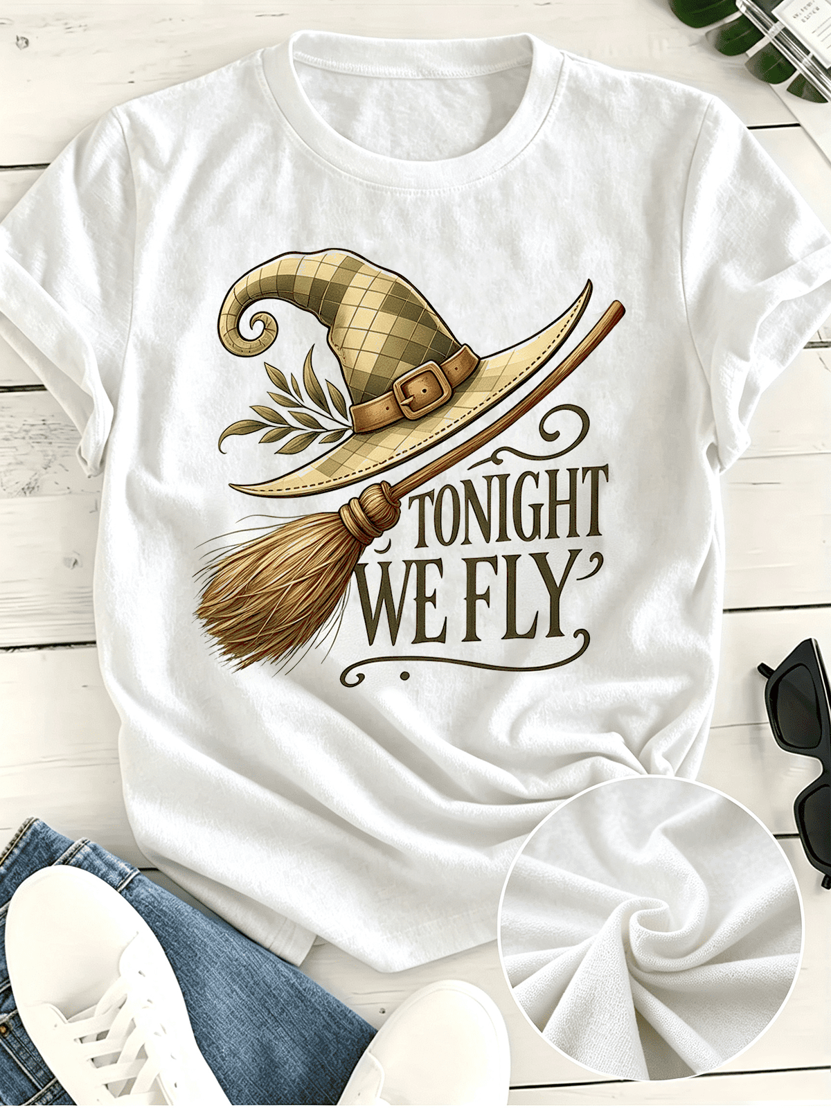 Tonight We Fly Witch Hat Broom Graphic T-Shirt, Retro Halloween Fall Casual Crewneck Tee For Women