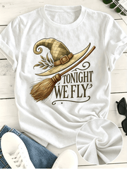 Tonight We Fly Witch Hat Broom Graphic T-Shirt, Retro Halloween Fall Casual Crewneck Tee For Women