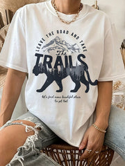 Tops For Women-Leave The Road And Take The Trails Mountain Bear Graphic TShirt - Casual Crew Neck Tee With "Let's Find Some Beautiful Place
