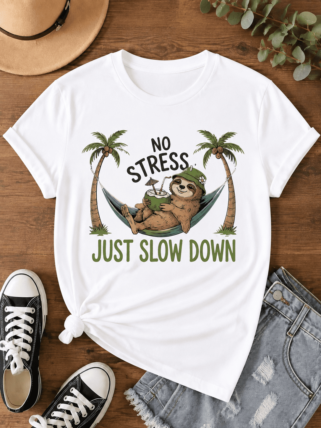 Tropical Sloth Graphic Tee No Stress Just Slow Down Summer Shirt