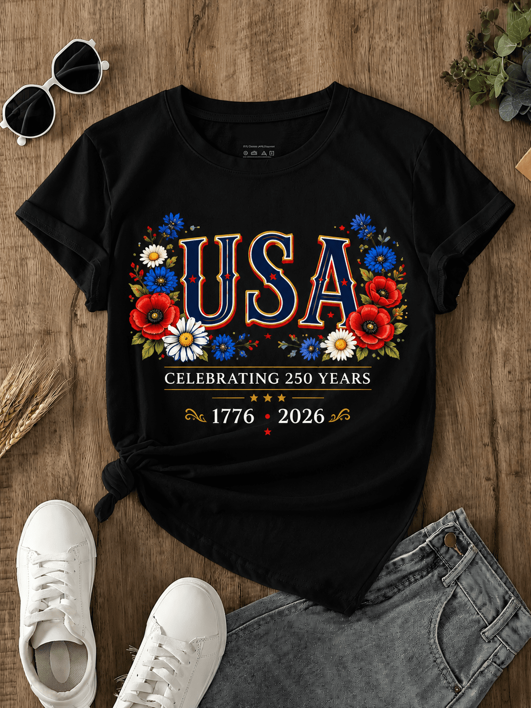 USA 250 Years Floral T-Shirt for Women, Patriotic 1776-2026 Graphic Tee, Celebrating 250 Years Independence Day Shirt, Red White Blue Flower Fourth of July Top