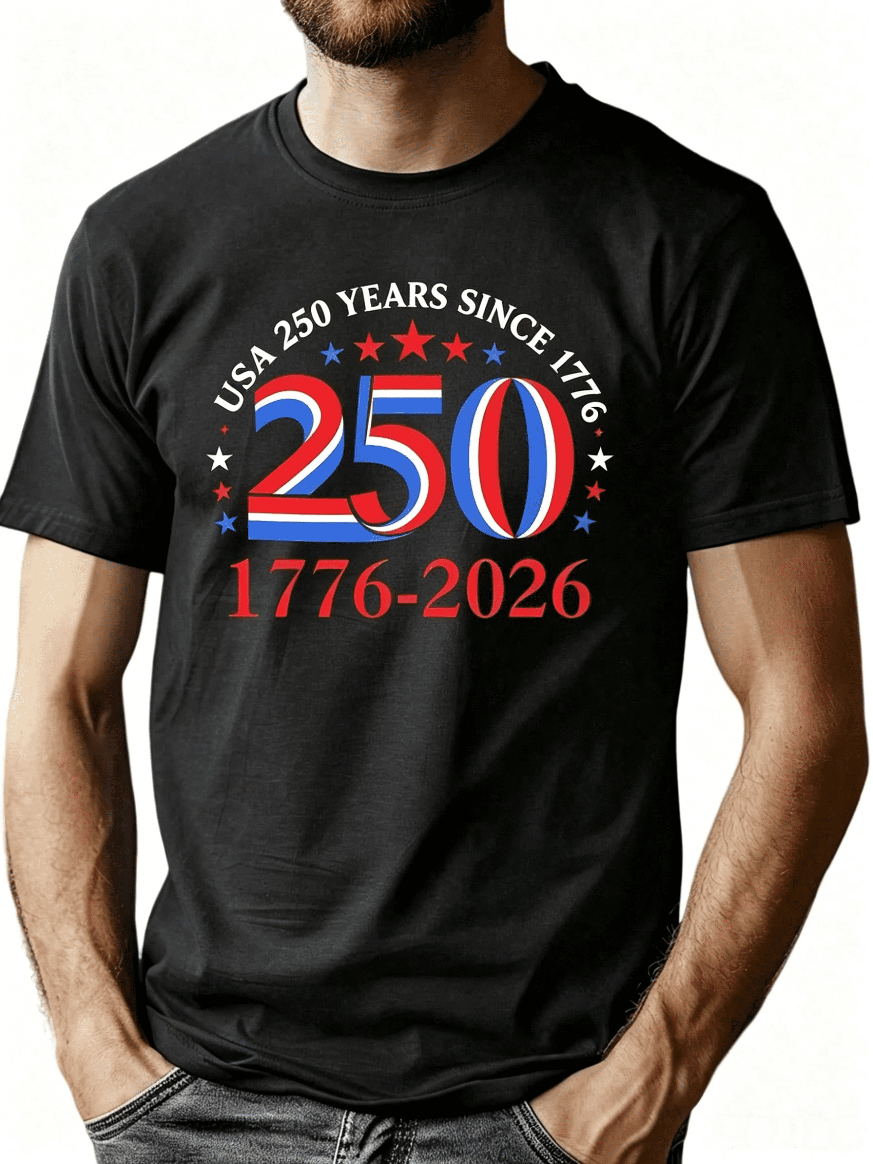 USA 250th Anniversary Graphic T-Shirt, 250 Years of Freedom 1776-2026 Patriotic Red White Blue Tee, Casual Short Sleeve Crew Neck Top, Independence Day Shirt Gift for Men