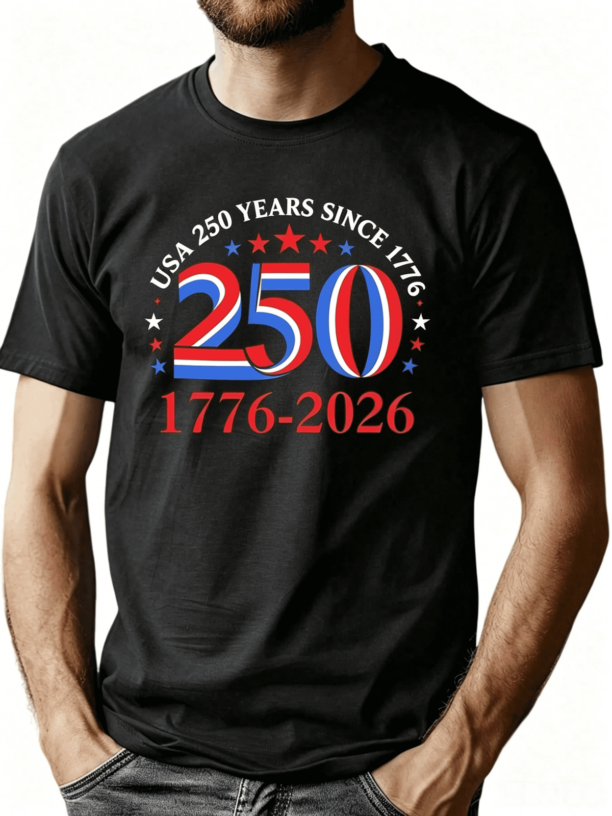 USA 250th Anniversary Graphic T-Shirt, 250 Years of Freedom 1776-2026 Patriotic Red White Blue Tee, Casual Short Sleeve Crew Neck Top, Independence Day Shirt Gift for Men