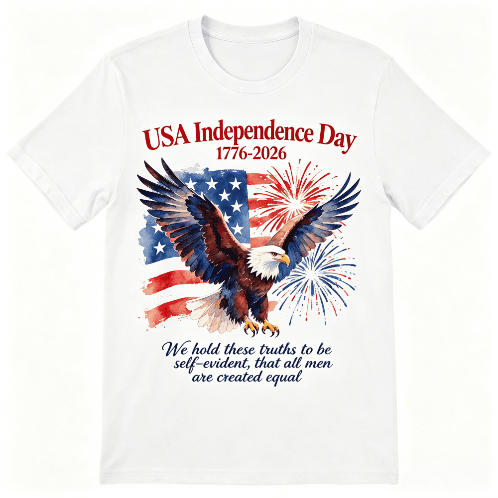 USA Independence Day 1776-2026 Bald Eagle American Flag Fireworks Graphic T-Shirt, Crew Neck Short Sleeve Patriotic Tee, 4th of July Casual Top for Holiday Daily Party Wear