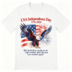 USA Independence Day 1776-2026 Bald Eagle American Flag Fireworks Graphic T-Shirt, Crew Neck Short Sleeve Patriotic Tee, 4th of July Casual Top for Holiday Daily Party Wear