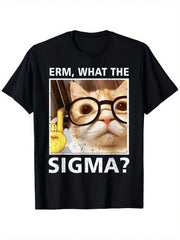 "Uh, What Sigma?" Interesting Cat Pattern T-Shirt Casual Short Sleeved Round Neck T-Shirt