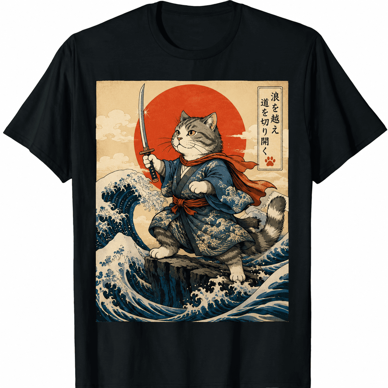 Ukiyo-e Samurai Cat Graphic T-Shirt for Women Men, Japanese Art Ocean Wave Cat Tee, Funny Cute Tabby Samurai Shirt Gift for Cat Lovers
