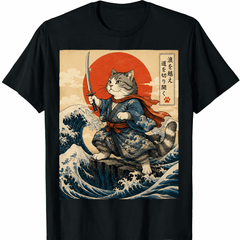 Ukiyo-e Samurai Cat Graphic T-Shirt for Women Men, Japanese Art Ocean Wave Cat Tee, Funny Cute Tabby Samurai Shirt Gift for Cat Lovers