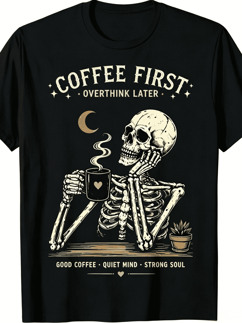 Unisex Coffee First Overthink Later Skeleton Graphic T-Shirt, Vintage Crescent Moon Coffee Lover Short Sleeve Crew Neck Casual Tee