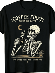 Unisex Coffee First Overthink Later Skeleton Graphic T-Shirt, Vintage Crescent Moon Coffee Lover Short Sleeve Crew Neck Casual Tee