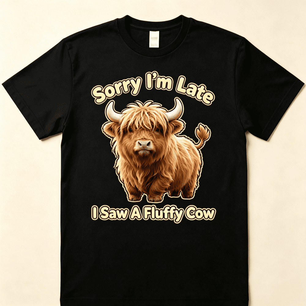 Unisex Funny Highland Cow Graphic T-Shirt, Sorry I'm Late I Saw A Fluffy Cow Cute Fluffy Cow Lover Short Sleeve Crew Neck Casual Tee