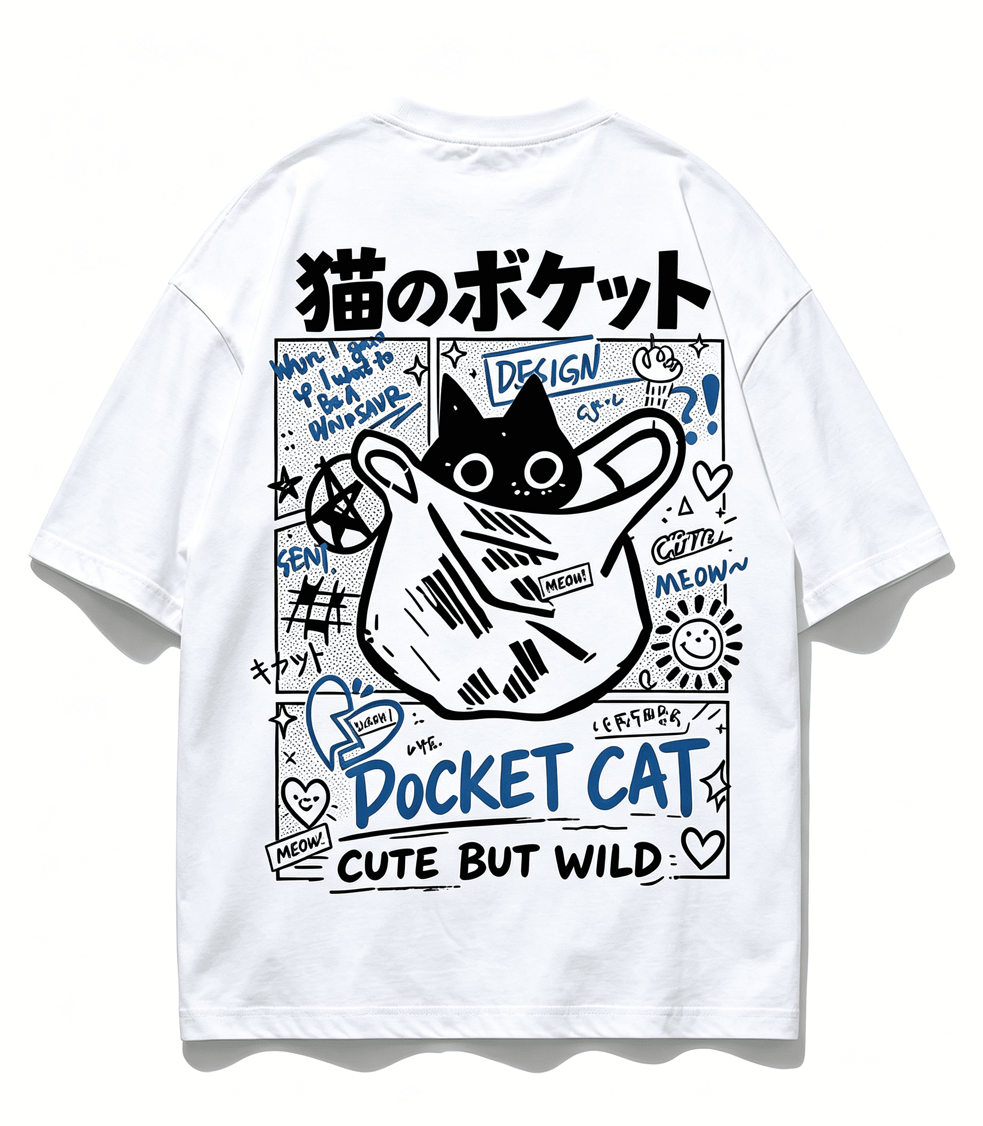 Unisex Pocket Cat Graphic T‑Shirt, Cute But Wild Street Doodle Back Print, Japanese Style Casual Crew Neck Short Sleeve Tee for Men Women