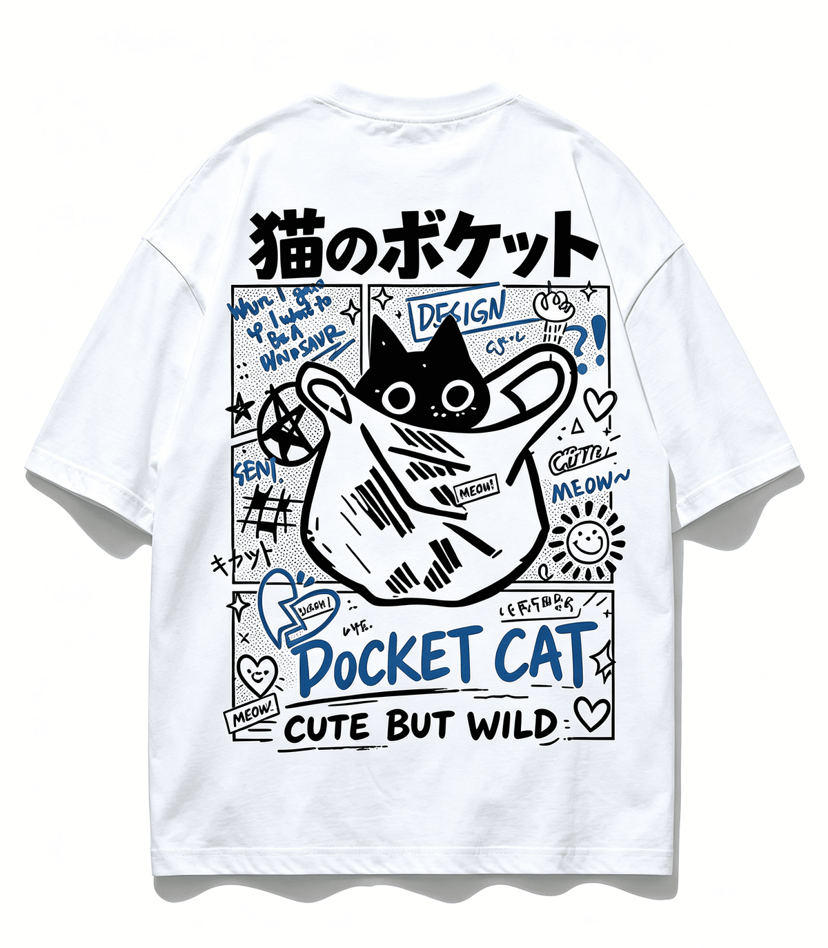 Unisex Pocket Cat Graphic T‑Shirt, Cute But Wild Street Doodle Back Print, Japanese Style Casual Crew Neck Short Sleeve Tee for Men Women