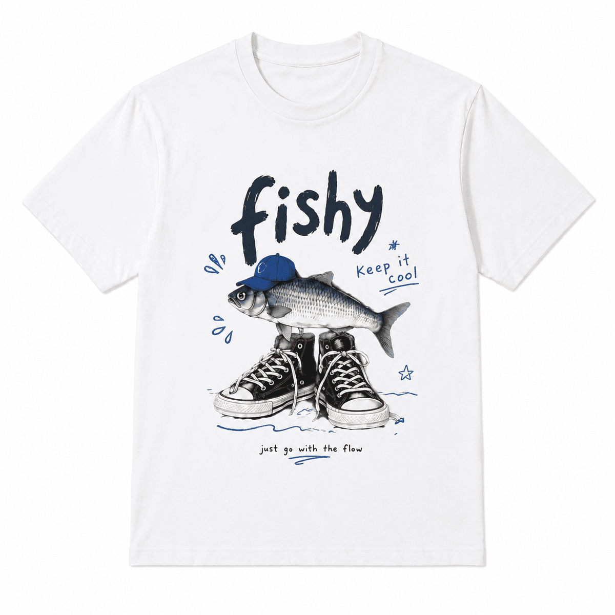 Unisex Soft Crew Neck Short Sleeve Cotton T-Shirt, Funny Cool Fish Wearing Blue Cap Canvas Sneakers Fishy Keep It Cool Just Go With The Flow Street Graphic Relaxed Fit Daily Tee