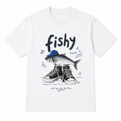 Unisex Soft Crew Neck Short Sleeve Cotton T-Shirt, Funny Cool Fish Wearing Blue Cap Canvas Sneakers Fishy Keep It Cool Just Go With The Flow Street Graphic Relaxed Fit Daily Tee