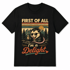 Unisex Soft Crew Neck Short Sleeve Cotton T-Shirt, Retro Distressed Striped Mountain Forest Cool Opossum With Sunglasses Thumbs Up First Of All I'm A Delight Funny Sarcastic Graphic Relaxed Fit Daily