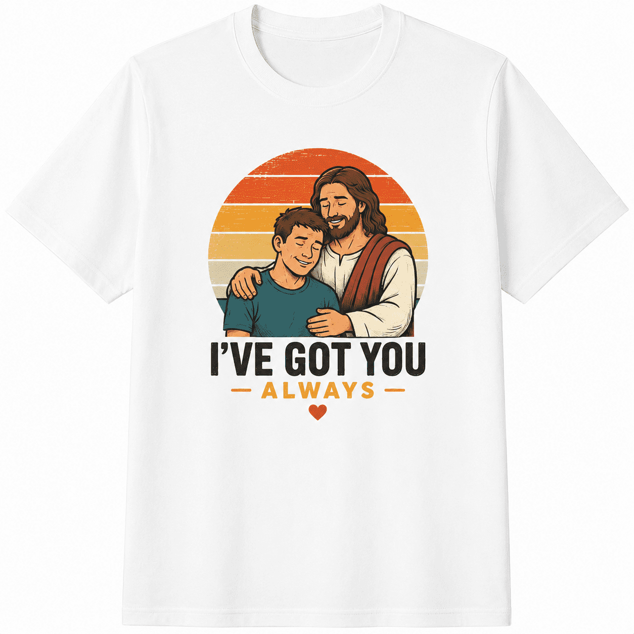 Unisex Vintage Christian Graphic T-Shirt, I've Got You Always Jesus Hugging Boy Retro Sunset Distressed Short Sleeve Tee, Faith Religious Inspirational Crew Neck Top Gift for Believers Men Women