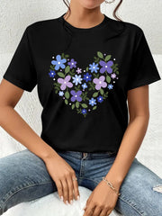 Valentine Day Printed Short-sleeve T-shirt, Featuring Floral and Heart Pattern Prints, with a Casual, Trendy