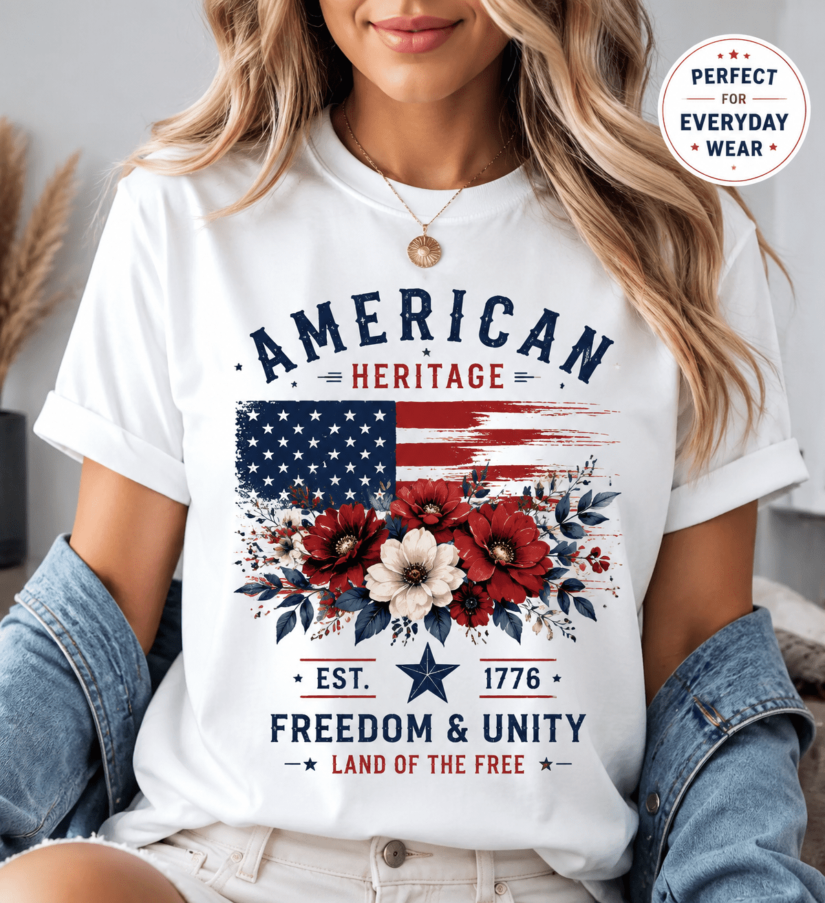 Vintage American Heritage Floral Flag T-Shirt – USA 1776 Freedom Unity Patriotic Graphic Tee for Women