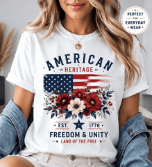 Vintage American Heritage Floral Flag T-Shirt – USA 1776 Freedom Unity Patriotic Graphic Tee for Women